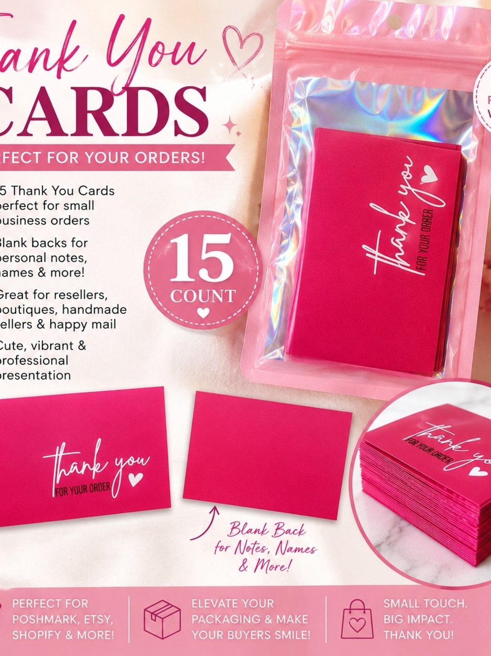Premium Hot Pink Thank You Cards - 15 Count